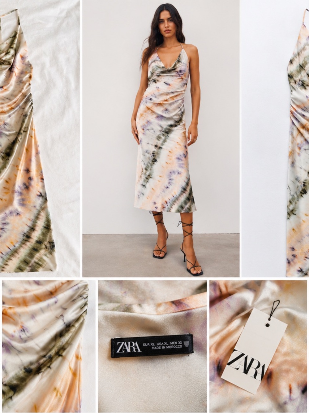 Zara Multicolor Pastel Tie-Dye Cowl Slip Midi Dress